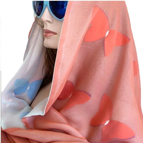 Reversible blue/coral brick butterfly very sheer silk chiffon scarf 22" x 66" - Picture 2 of 11